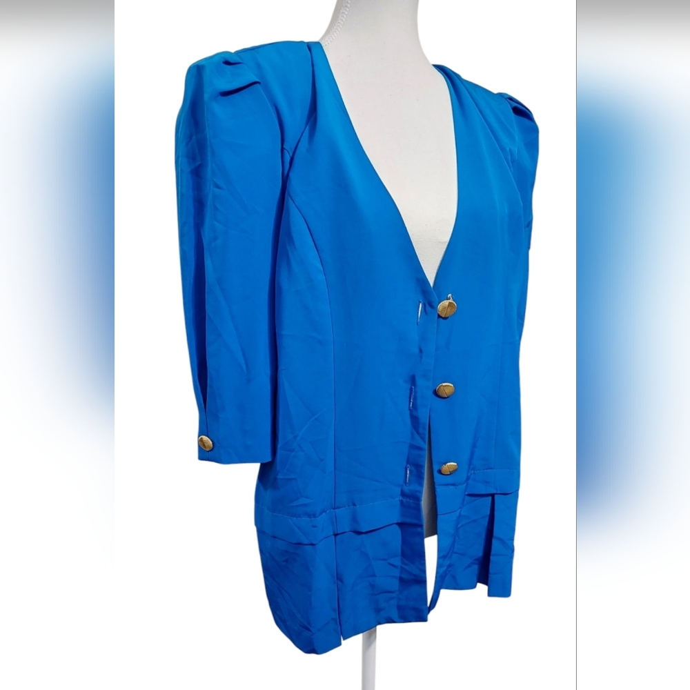 Blue Women's Cropped Blazer Jacket with Gold Buttons Andrea Gayle Size Medium